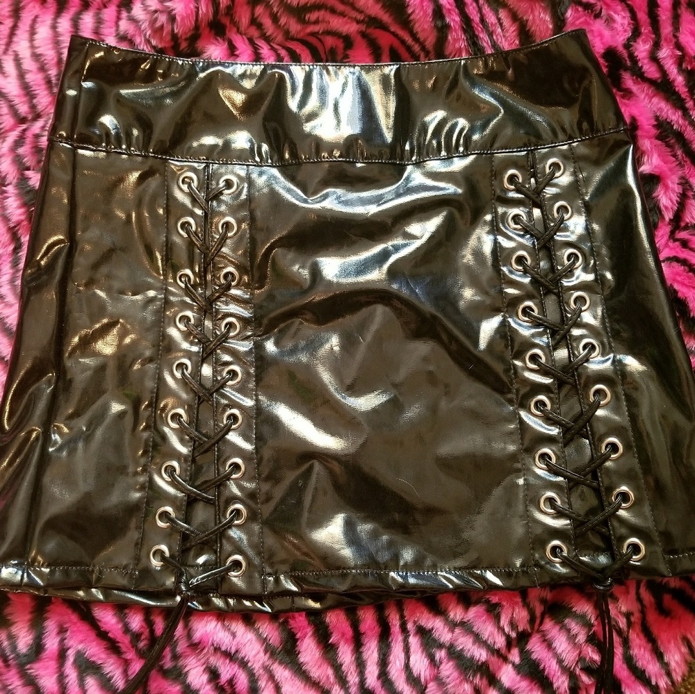 Tripp NYC Faux Shiny Leather Lace Up Skirt